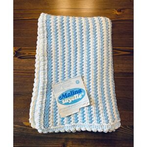 Handmade Crochet Baby Blanket Blue White Striped Malina Sayelle Orlon Acrylic